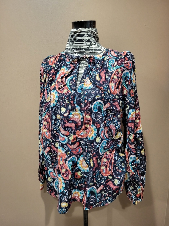 LOFT Tops - LOFT Navy Paisley Tie-Neck Blouse with Mystic Fantasy Motifs